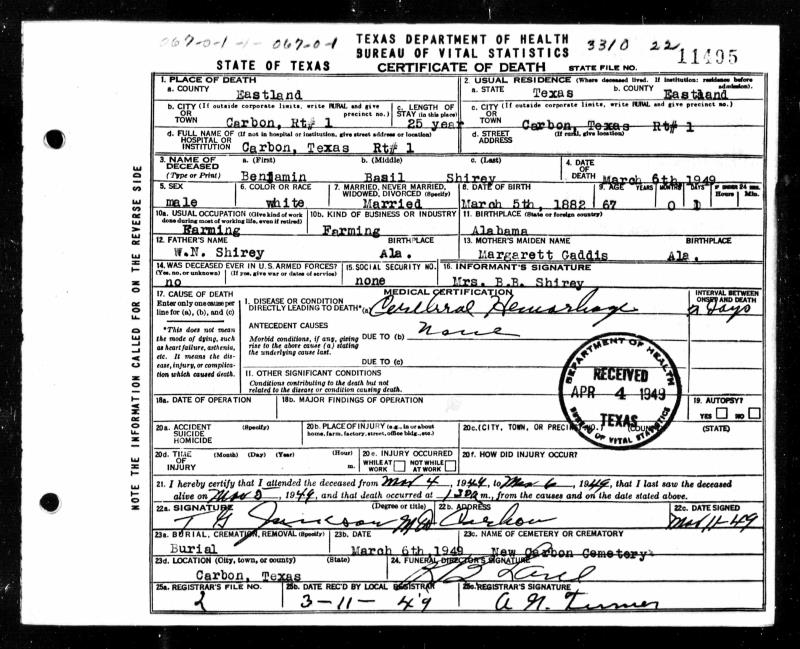 Texas, Death Certificates, 19031982